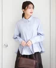 F1BAG55160 MK MICHEL KLEIN(小さいサイズ)(メゾン ドゥ サンク) 【小さいサイズ】[洗える]フリルヘムデザインシャツブラウス（ブルー・ストライプ） ブルー（無地）