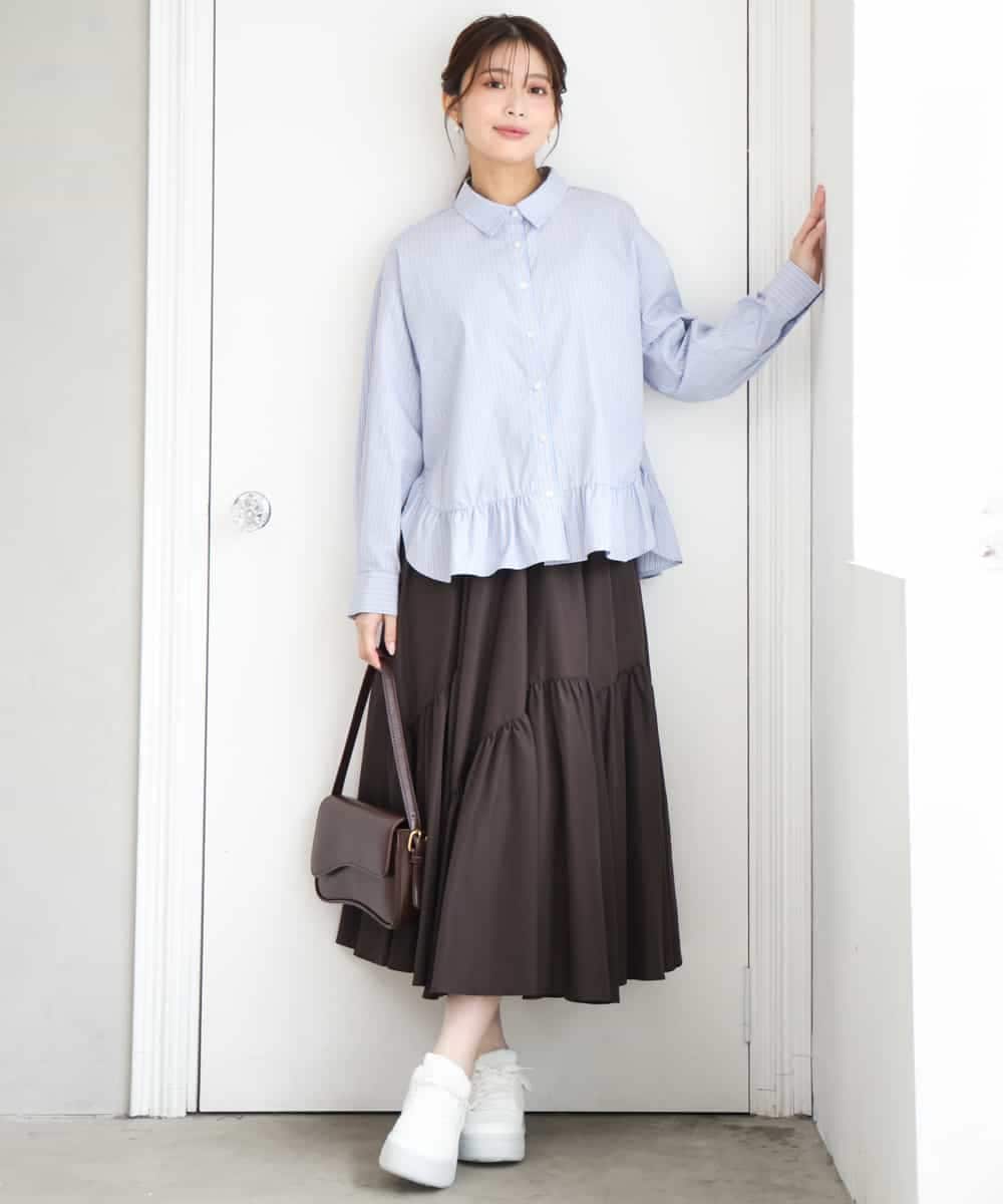 F1BAG55160 MK MICHEL KLEIN(小さいサイズ)(メゾン ドゥ サンク) 【小さいサイズ】[洗える]フリルヘムデザインシャツブラウス（ブルー・ストライプ） ブルー（無地）