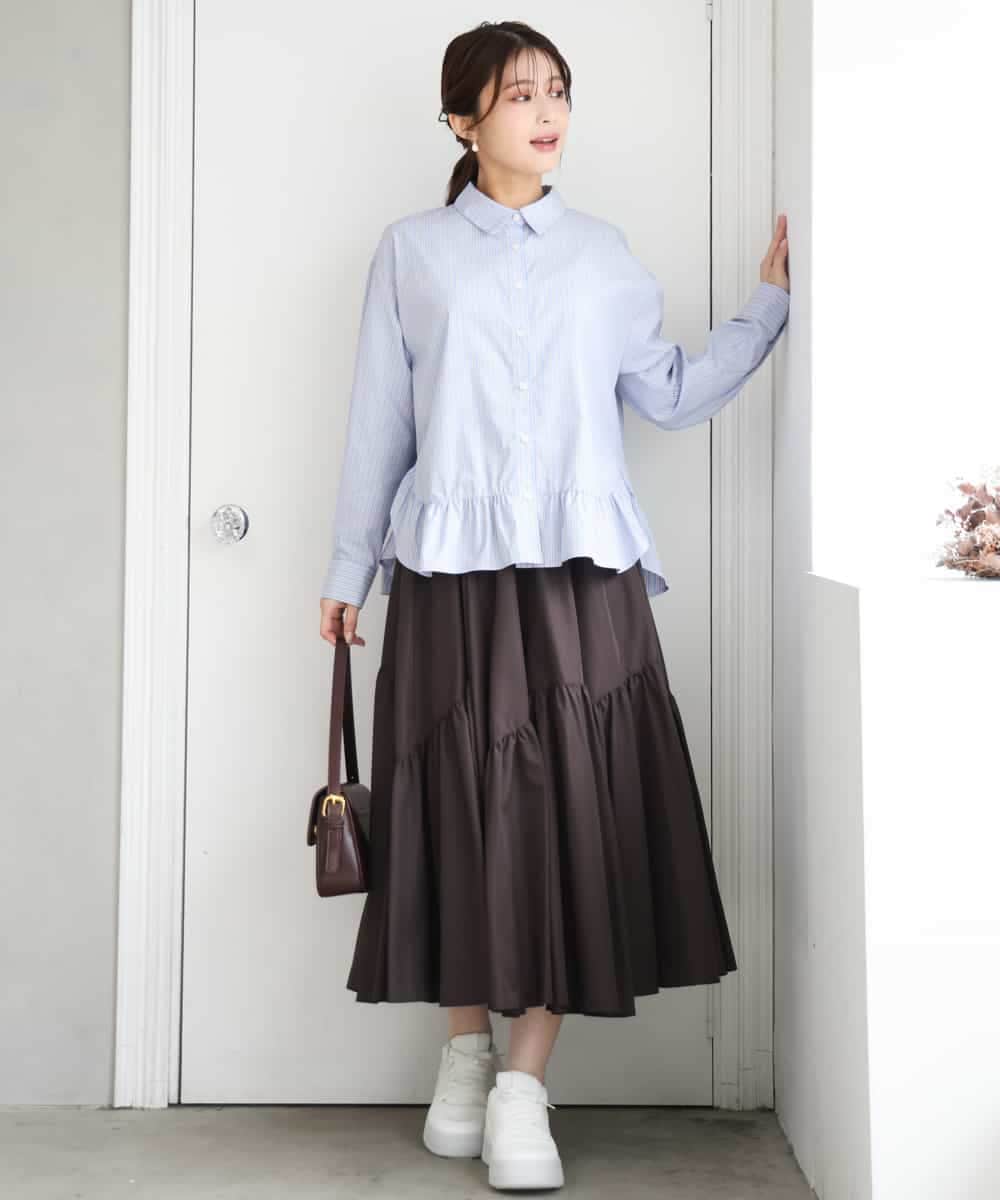 F1BAG55160 MK MICHEL KLEIN(小さいサイズ)(メゾン ドゥ サンク) 【小さいサイズ】[洗える]フリルヘムデザインシャツブラウス（ブルー・ストライプ） ブルー（無地）