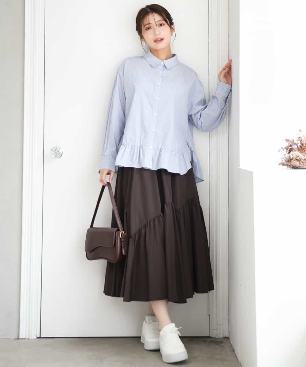 F1BAG55160 MK MICHEL KLEIN(小さいサイズ)(メゾン ドゥ サンク) 【小さいサイズ】[洗える]フリルヘムデザインシャツブラウス（ブルー・ストライプ） ブルー（無地）