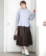 F1BAG55160 MK MICHEL KLEIN(小さいサイズ)(メゾン ドゥ サンク) 【小さいサイズ】[洗える]フリルヘムデザインシャツブラウス（ブルー・ストライプ） ブルー（無地）