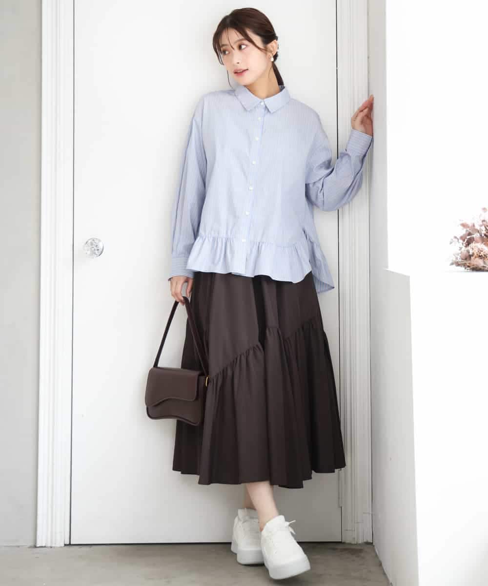 F1BAG55160 MK MICHEL KLEIN(小さいサイズ)(メゾン ドゥ サンク) 【小さいサイズ】[洗える]フリルヘムデザインシャツブラウス（ブルー・ストライプ） ブルー（無地）