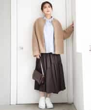 F1BAG55160 MK MICHEL KLEIN(小さいサイズ)(メゾン ドゥ サンク) 【小さいサイズ】[洗える]フリルヘムデザインシャツブラウス（ブルー・ストライプ） ブルー（無地）