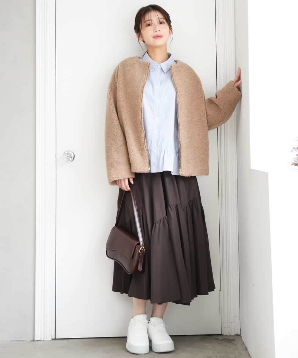 F1BAG55160 MK MICHEL KLEIN(小さいサイズ)(メゾン ドゥ サンク) 【小さいサイズ】[洗える]フリルヘムデザインシャツブラウス（ブルー・ストライプ） ブルー（無地）