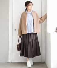 F1BAG55160 MK MICHEL KLEIN(小さいサイズ)(メゾン ドゥ サンク) 【小さいサイズ】[洗える]フリルヘムデザインシャツブラウス（ブルー・ストライプ） ブルー（無地）