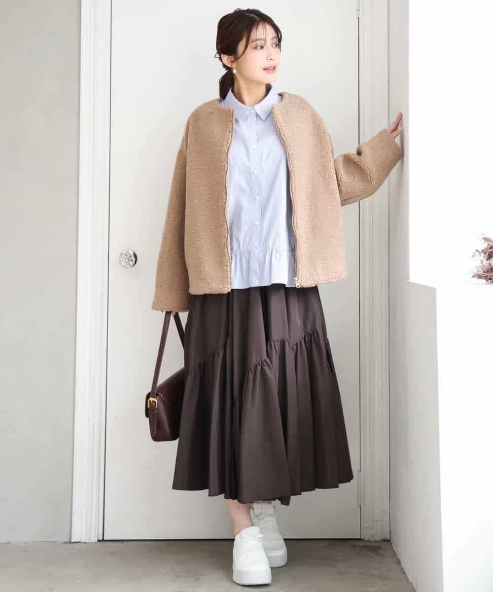 F1BAG55160 MK MICHEL KLEIN(小さいサイズ)(メゾン ドゥ サンク) 【小さいサイズ】[洗える]フリルヘムデザインシャツブラウス（ブルー・ストライプ） ブルー（無地）
