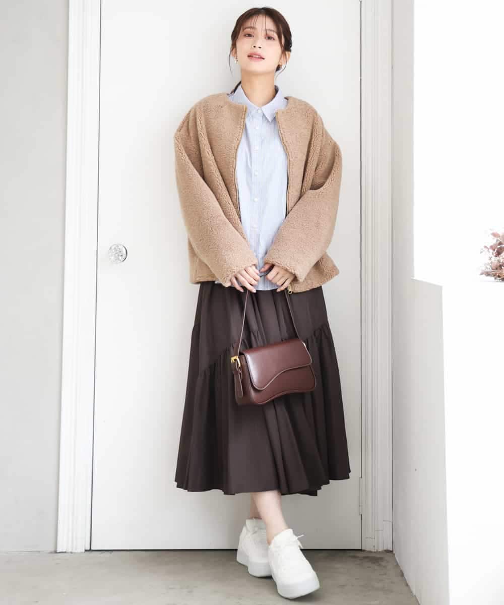 F1BAG55160 MK MICHEL KLEIN(小さいサイズ)(メゾン ドゥ サンク) 【小さいサイズ】[洗える]フリルヘムデザインシャツブラウス（ブルー・ストライプ） ブルー（無地）
