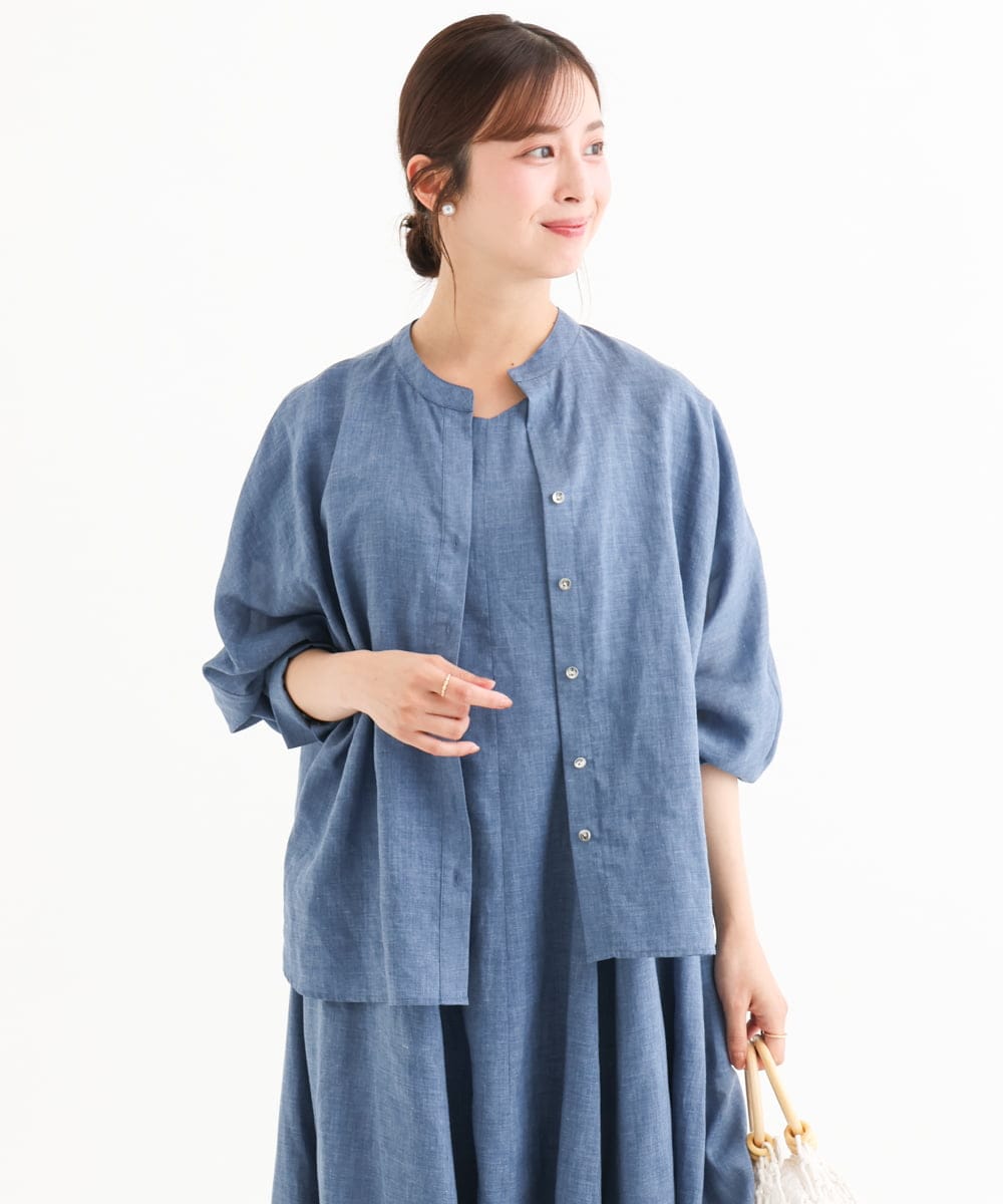 F1BHD65160 MK MICHEL KLEIN(小さいサイズ)(メゾン ドゥ サンク) 【小さいサイズ】[接触冷感/通気性/洗える]ラミーリネン混シャツブラウス ブルー