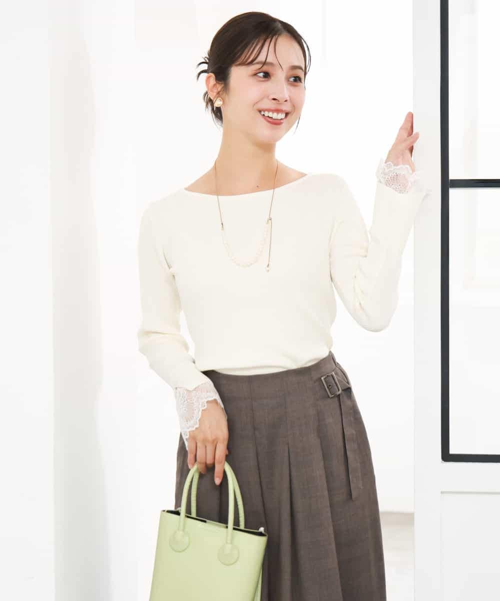 F1FJD31130 MK MICHEL KLEIN(小さいサイズ)(メゾン ドゥ サンク) 【小さいサイズ】[洗える]袖レースデザインリブニット アイボリー