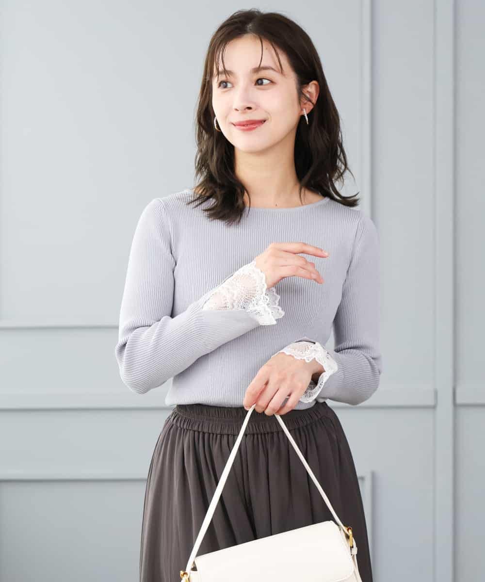 F1FJD31130 MK MICHEL KLEIN(小さいサイズ)(メゾン ドゥ サンク) 【小さいサイズ】[洗える]袖レースデザインリブニット グレー