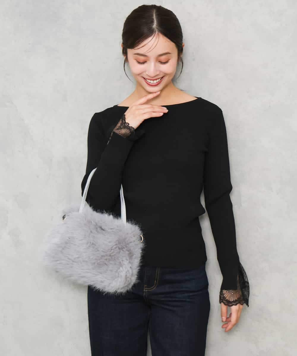 F1FJD31130 MK MICHEL KLEIN(小さいサイズ)(メゾン ドゥ サンク) 【小さいサイズ】[洗える]袖レースデザインリブニット グレー