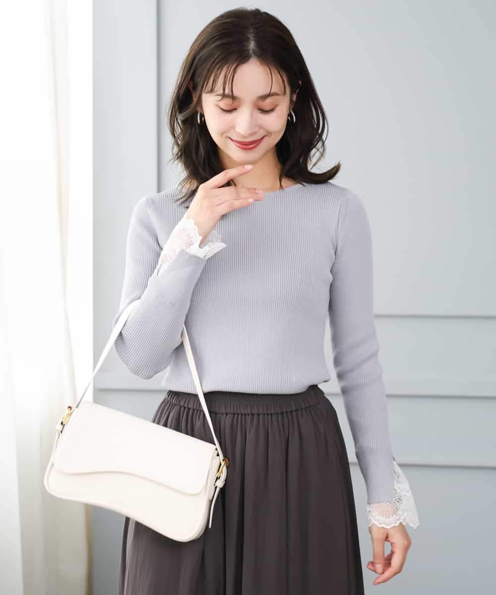 F1FJD31130 MK MICHEL KLEIN(小さいサイズ)(メゾン ドゥ サンク) 【小さいサイズ】[洗える]袖レースデザインリブニット グレー