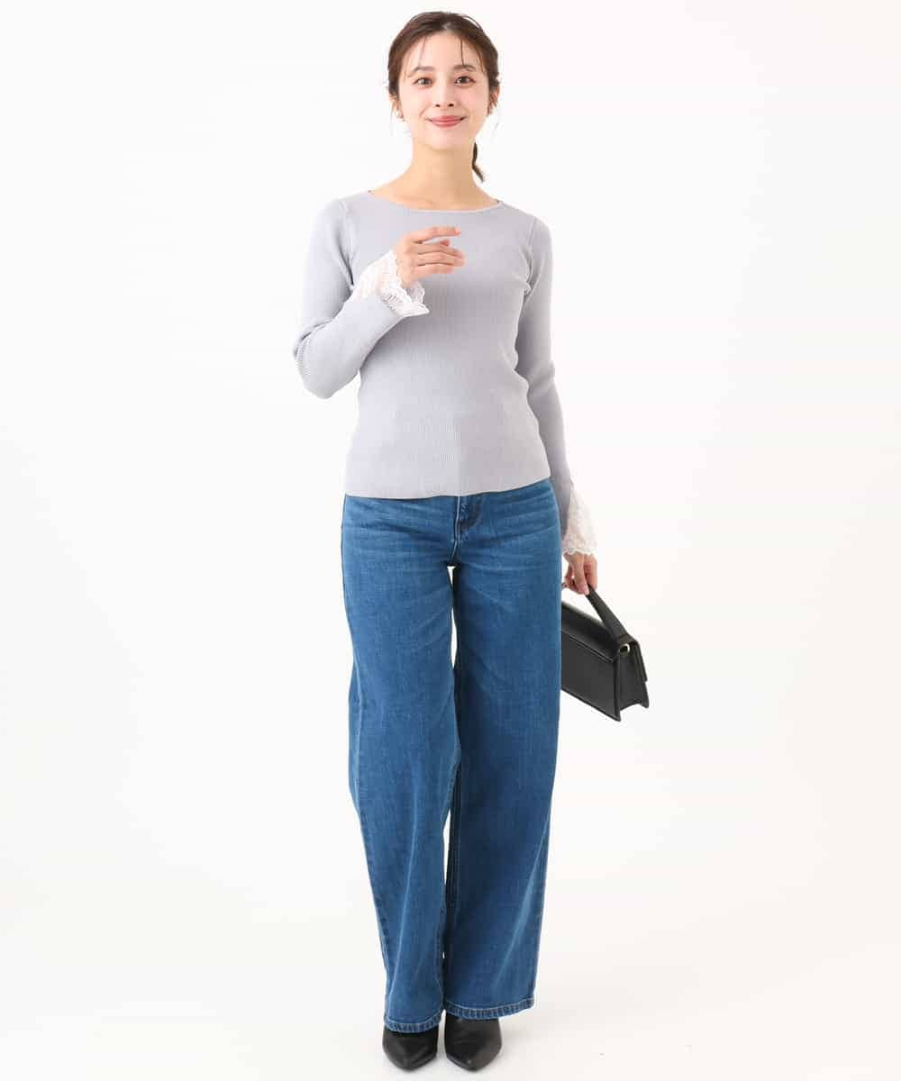 F1FJD31130 MK MICHEL KLEIN(小さいサイズ)(メゾン ドゥ サンク) 【小さいサイズ】[洗える]袖レースデザインリブニット グレー