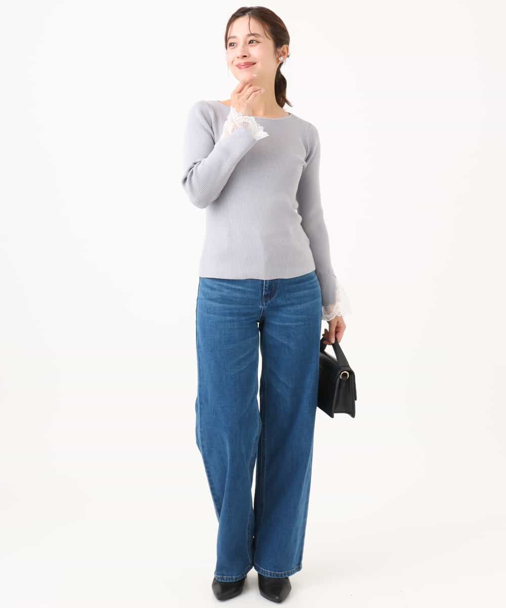 F1FJD31130 MK MICHEL KLEIN(小さいサイズ)(メゾン ドゥ サンク) 【小さいサイズ】[洗える]袖レースデザインリブニット グレー