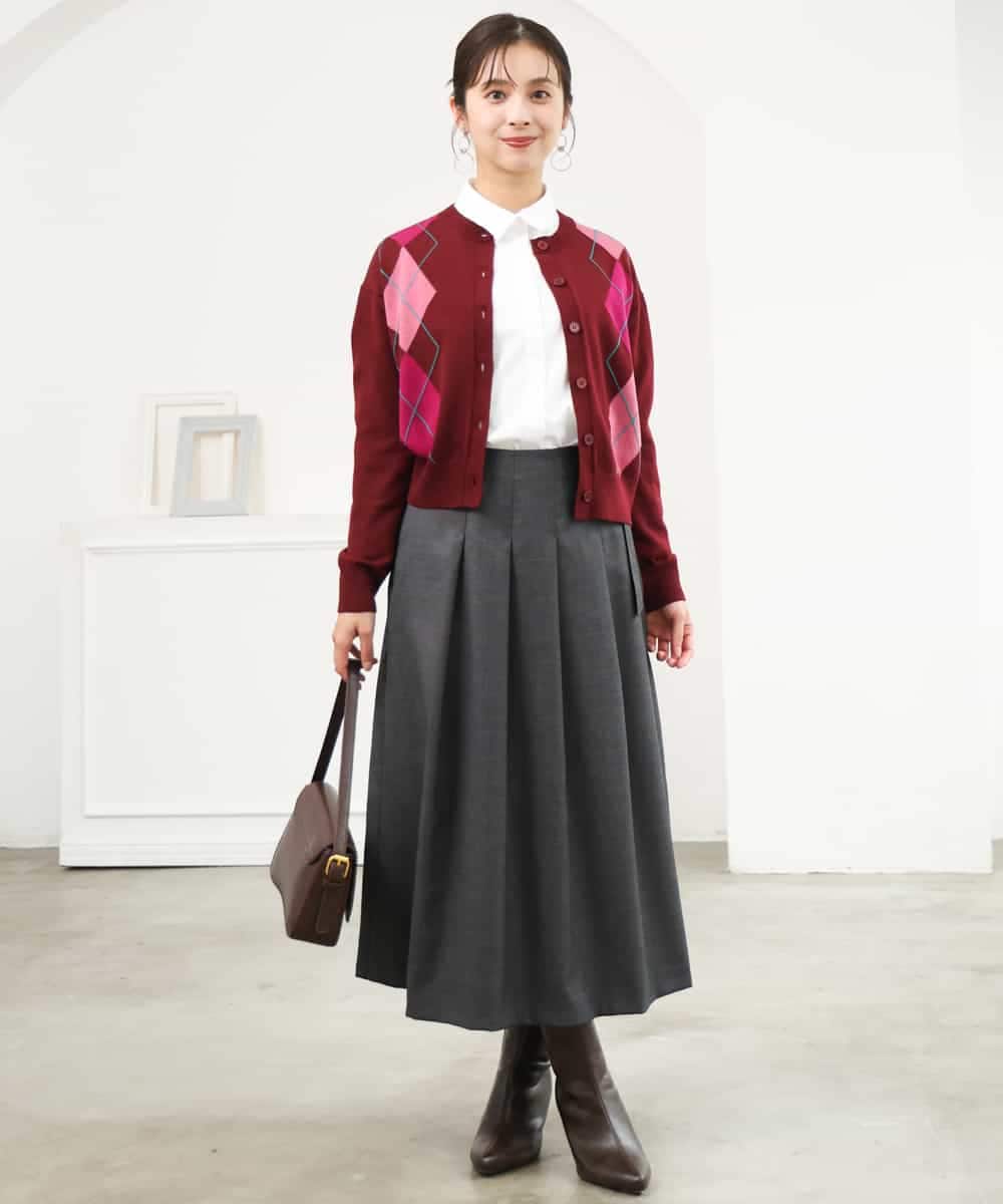 F1SJD30160 MK MICHEL KLEIN(小さいサイズ)(メゾン ドゥ サンク) 【小さいサイズ】[洗える]配色アーガイル柄ニットカーディガン ワイン