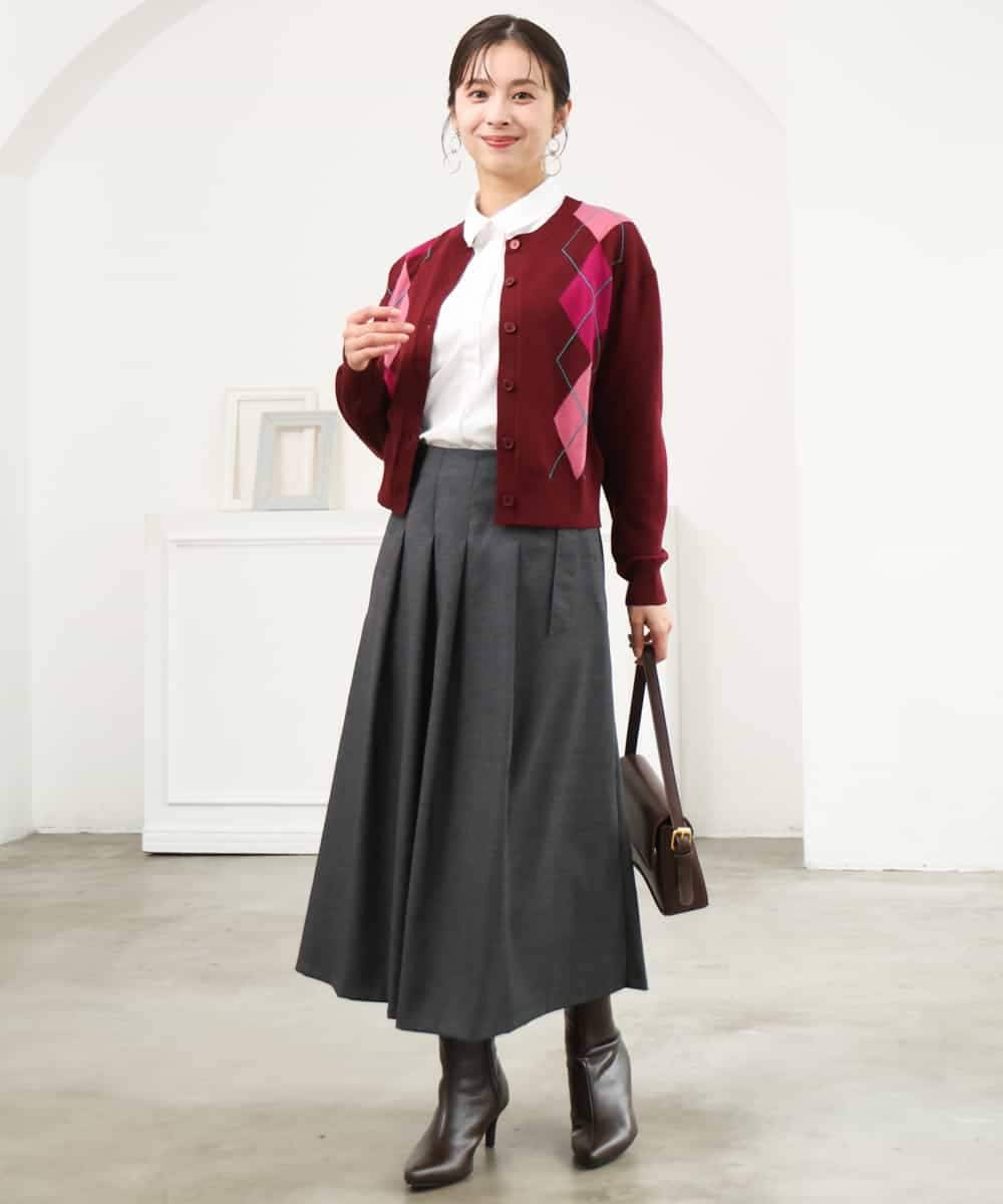 F1SJD30160 MK MICHEL KLEIN(小さいサイズ)(メゾン ドゥ サンク) 【小さいサイズ】[洗える]配色アーガイル柄ニットカーディガン ワイン