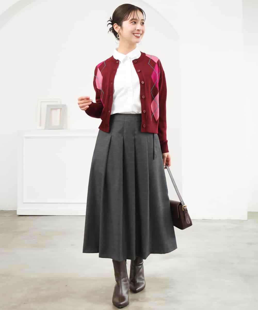F1SJD30160 MK MICHEL KLEIN(小さいサイズ)(メゾン ドゥ サンク) 【小さいサイズ】[洗える]配色アーガイル柄ニットカーディガン ワイン