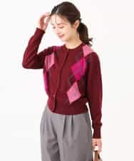 F1SJD30160 MK MICHEL KLEIN(小さいサイズ)(メゾン ドゥ サンク) 【小さいサイズ】[洗える]配色アーガイル柄ニットカーディガン ワイン