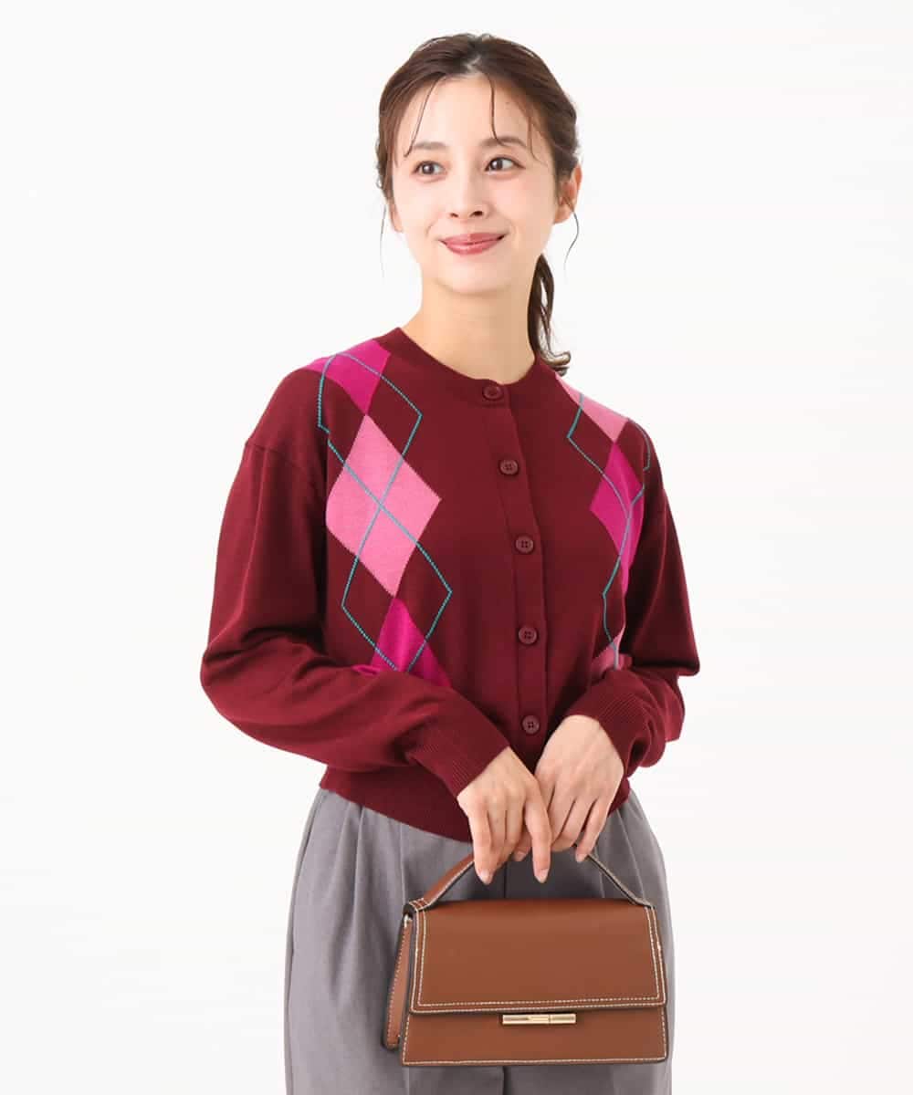 F1SJD30160 MK MICHEL KLEIN(小さいサイズ)(メゾン ドゥ サンク) 【小さいサイズ】[洗える]配色アーガイル柄ニットカーディガン ワイン