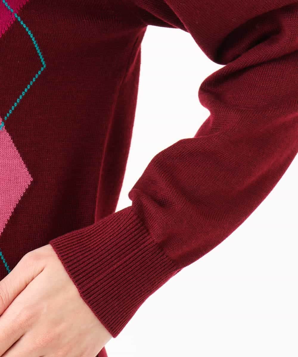 F1SJD30160 MK MICHEL KLEIN(小さいサイズ)(メゾン ドゥ サンク) 【小さいサイズ】[洗える]配色アーガイル柄ニットカーディガン ワイン