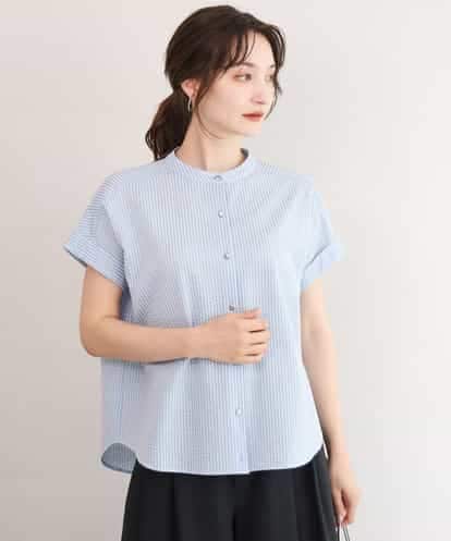 FOKID70140 MK MICHEL KLEIN [接触冷感/洗える]バンドカラーストライプ柄カットソー
