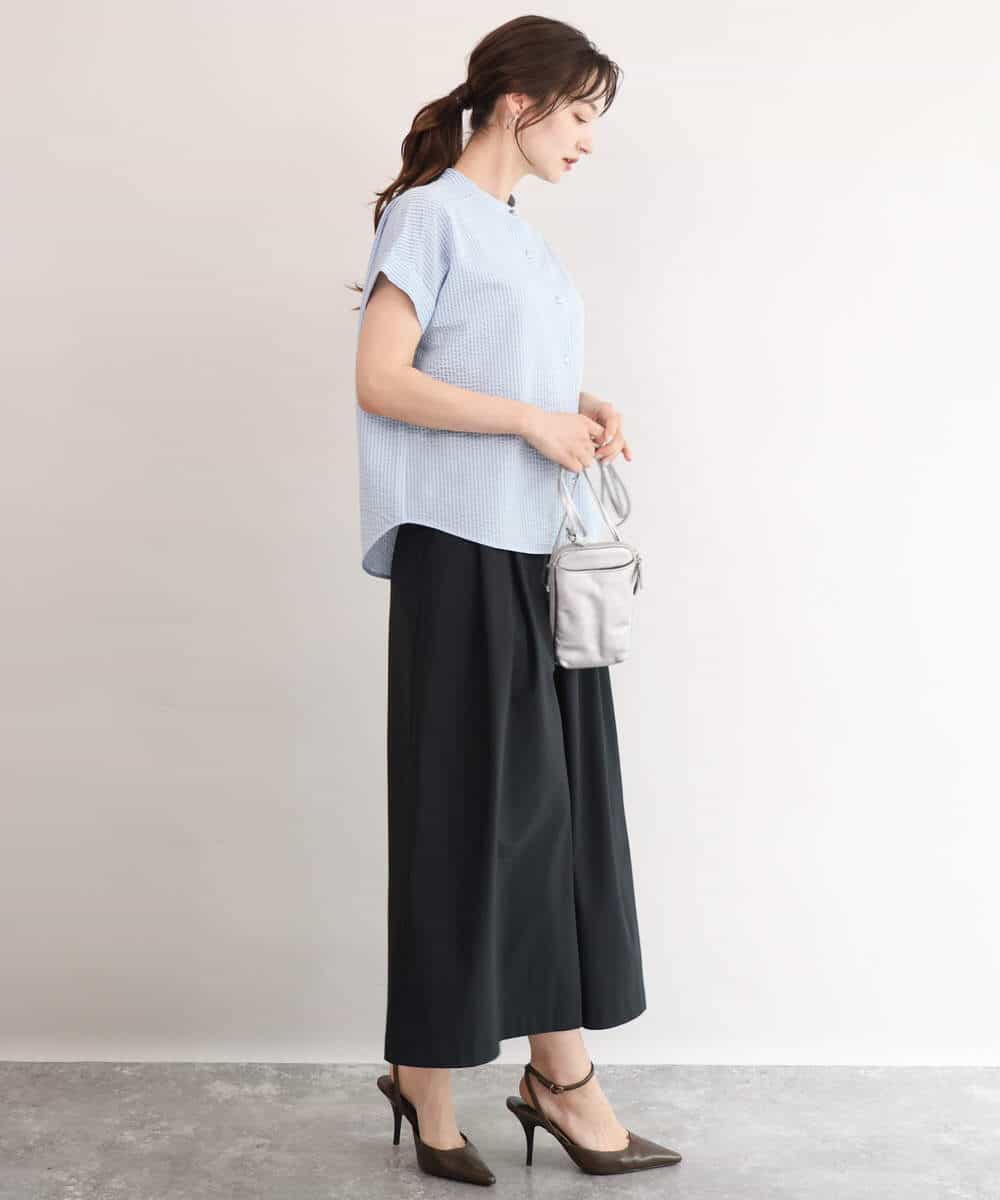 FOKID70140 MK MICHEL KLEIN(MK ミッシェルクラン) [接触冷感/洗える]バンドカラーストライプ柄カットソー ライトブルー
