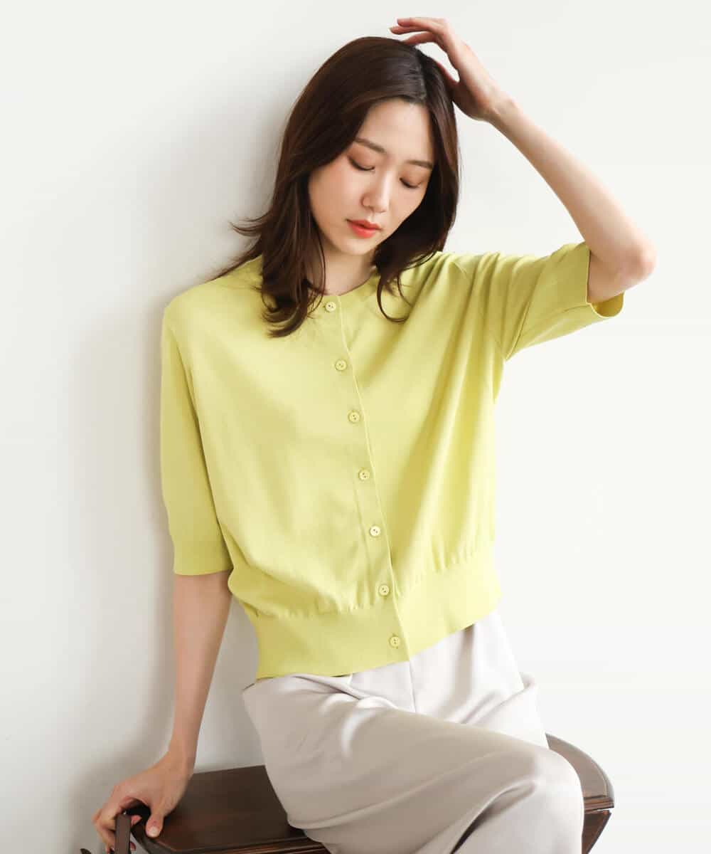 FOSHD60130 MK MICHEL KLEIN(MK ミッシェルクラン) [UVカット/接触冷感/洗える]5分袖ニットカーディガン レモンイエロー