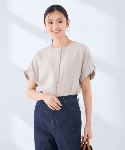 K2BHD06044 a.v.v 【接触冷感/UVカット】リネンライククルーネックブラウス【セットアップ対応/アンチピリング】