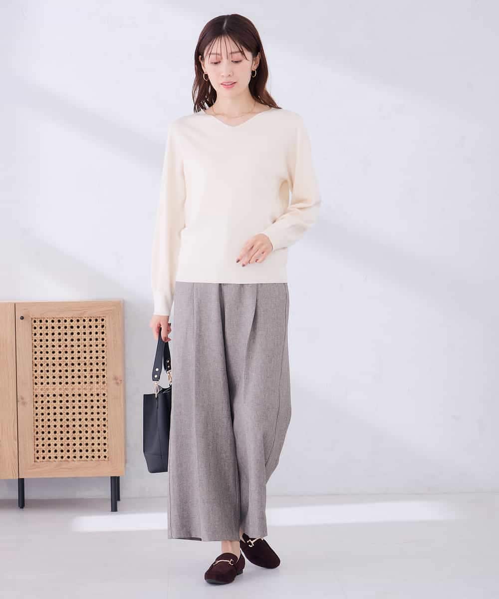 K2LLD32059 a.v.v(アー・ヴェ・ヴェ) 【雑誌InRed(宝島社)11月号掲載】ヘリンボーンツイードワイドパンツ【洗える/ストレッチ】 ベージュ