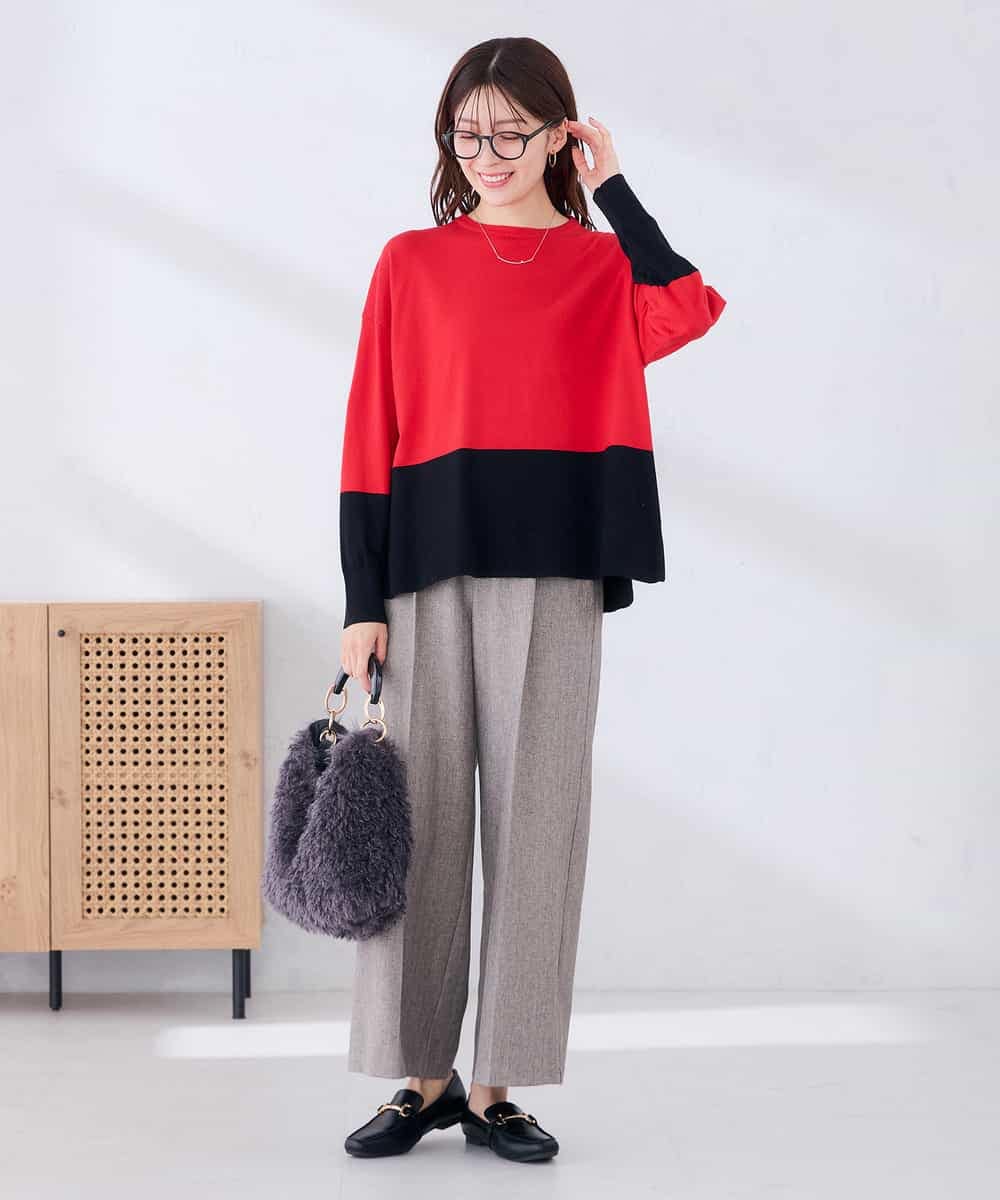 K2LLD32059 a.v.v(アー・ヴェ・ヴェ) 【雑誌InRed(宝島社)11月号掲載】ヘリンボーンツイードワイドパンツ【洗える/ストレッチ】 ベージュ