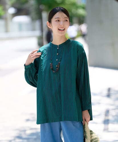 NGBHE61210 GIANNI LO GIUDICE [洗える]コットンストライプギンガムギャザーブラウス