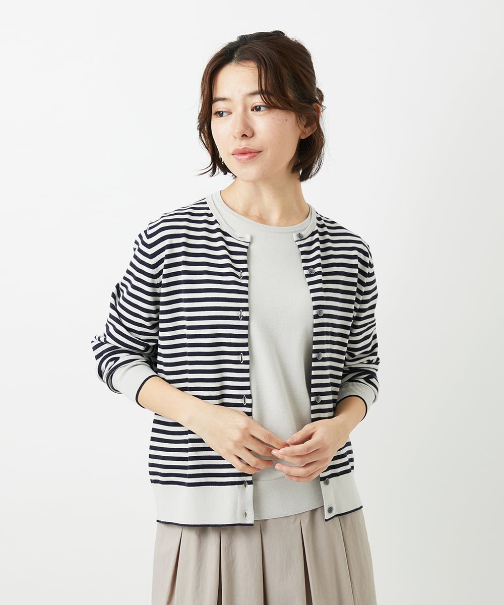 NHSEF80180 GIANNI LO GIUDICE(小さいサイズ)(メゾン ドゥ サンク) [アンサンブル対応]クルーネックニットカーディガン ネイビー（ボーダー柄）