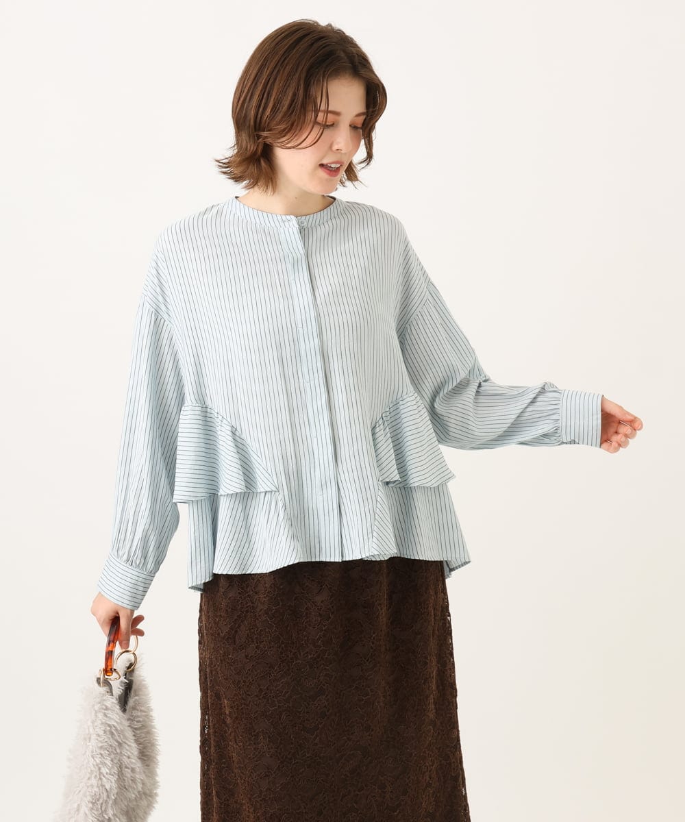 OLBKD16099 eur3(エウルキューブ) 【大きいサイズ】ストライプティアードシャツ ライトブルー