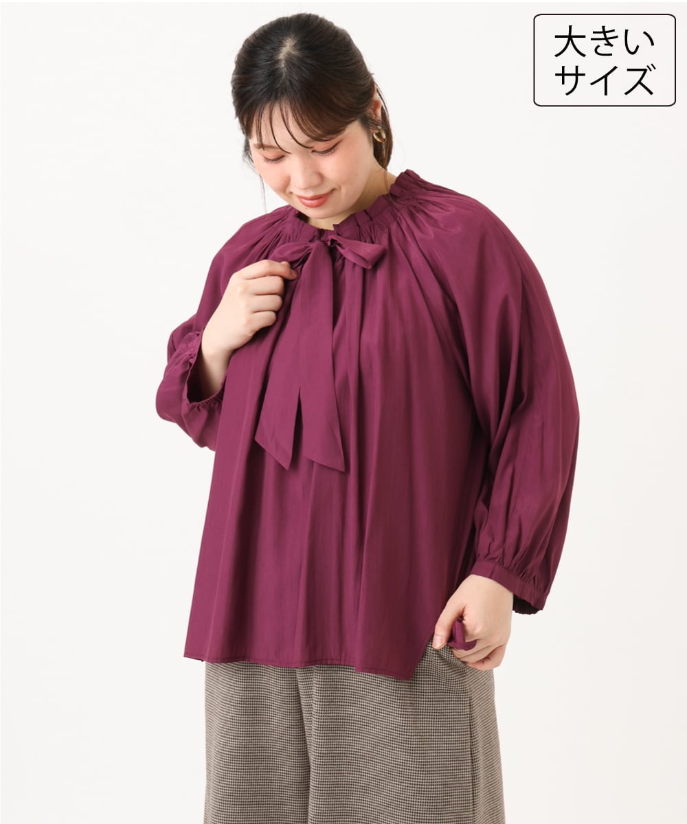OLBLD13099 eur3(エウルキューブ) 【野呂佳代さん着用/大きいサイズ】フリルリボンブラウス ワイン