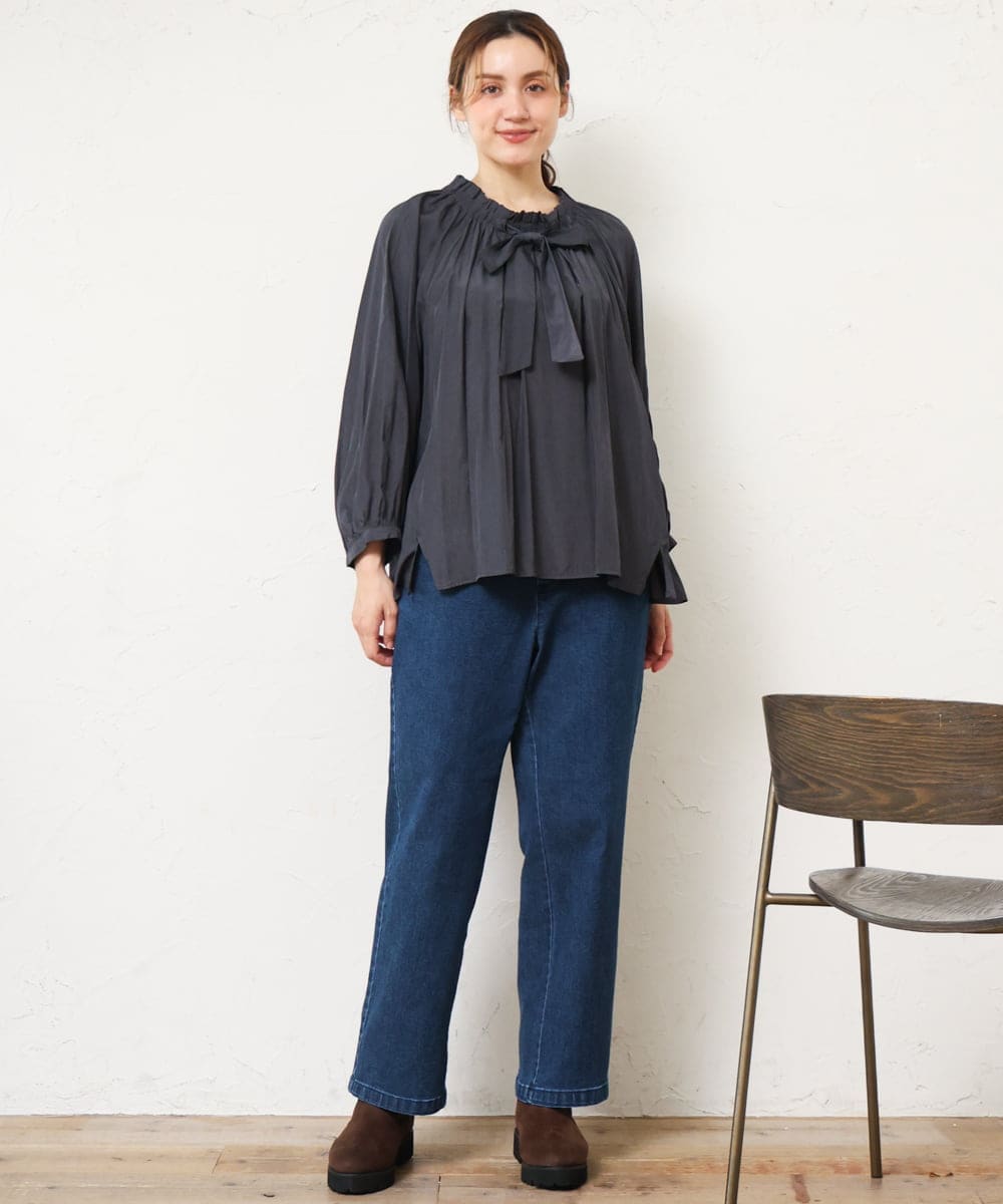OLBLD13099 eur3(エウルキューブ) 【野呂佳代さん着用/大きいサイズ】フリルリボンブラウス ダークグレー