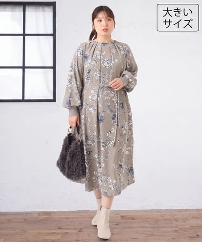 OLELD08129 eur3 【WEB先行販売】【大きいサイズ】ボタニカルフラワープリントワンピース