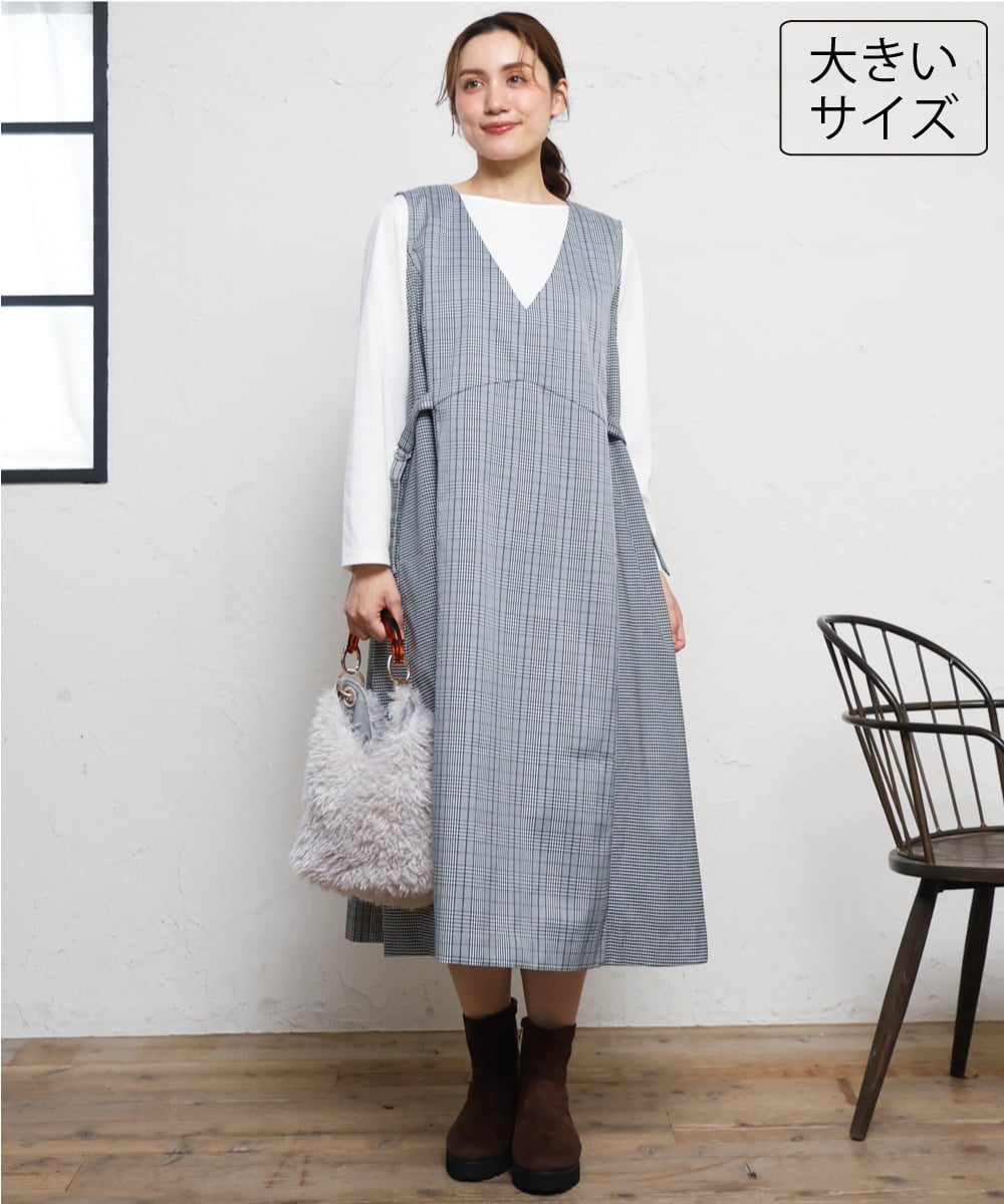 OLELD09139 eur3(エウルキューブ) 【野呂佳代さん着用/大きいサイズ】チェックジャンパースカート ブラック