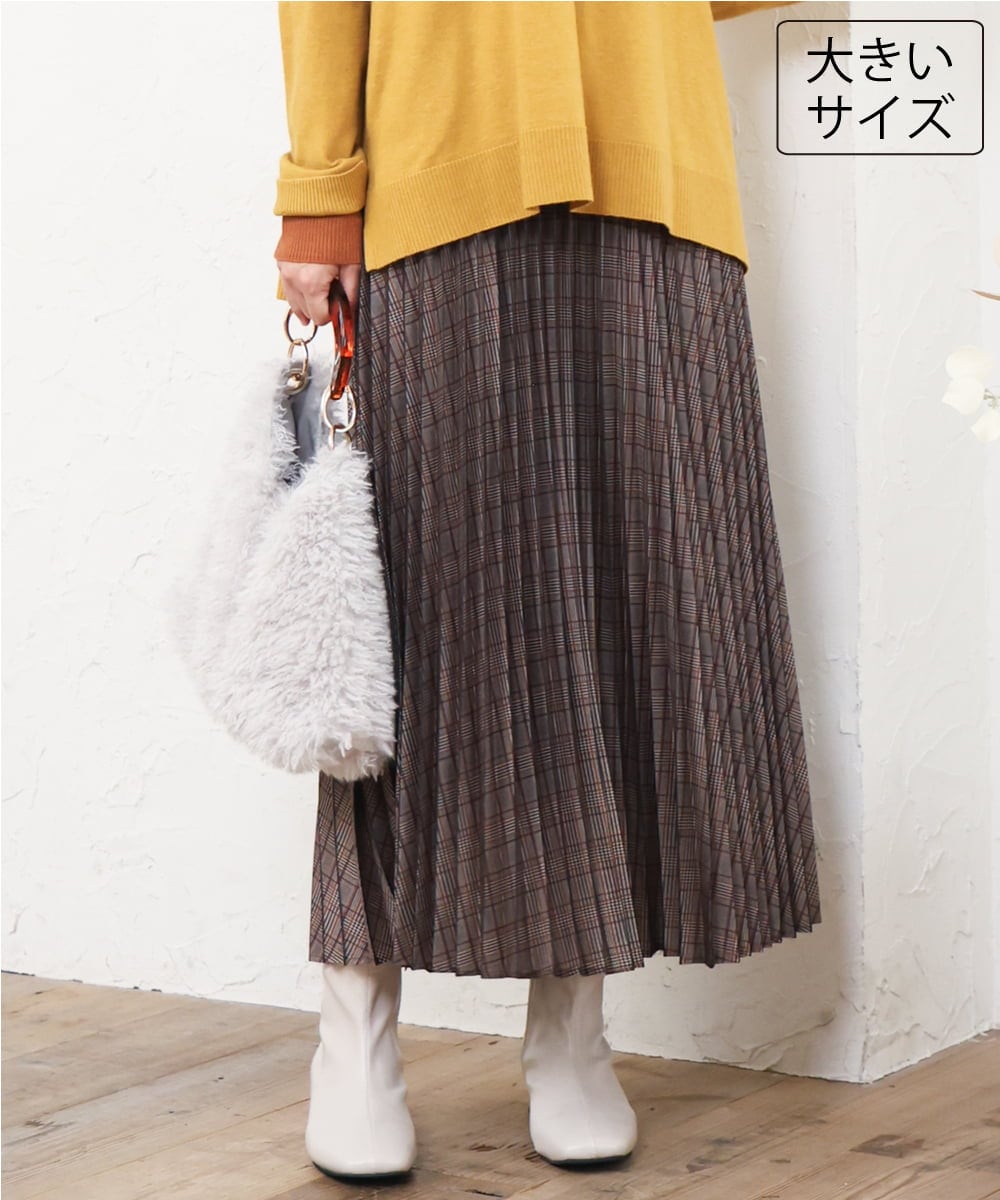 OLHLD08129 eur3(エウルキューブ) 【大きいサイズ】チェックプリーツスカート ダークブラウン