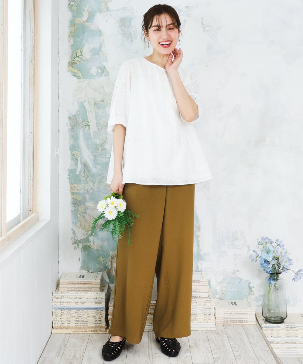 OLLFD18099 eur3(エウルキューブ) 【大きいサイズ】ストレッチワイドイージーパンツ キャメル