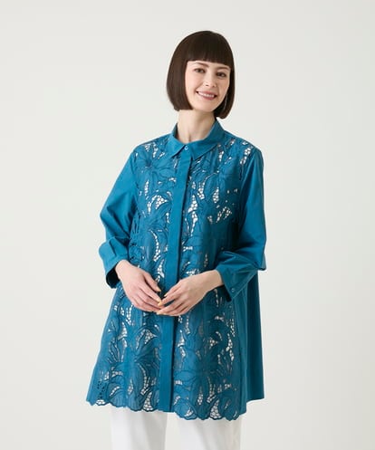 RBBGE21360 HIROKO BIS フラワー刺繍コットンロングシャツ /洗える
